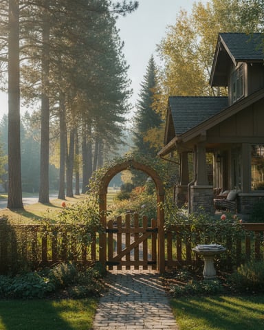 Modern house with stone exterior and covered porch nestled among tall pine trees, wooden arbor gate leading to stone pathway in autumn.