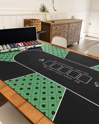 Bright game room with wooden table set up for poker, featuring green card suit mat, black felt layout, poker chip case, and white chairs