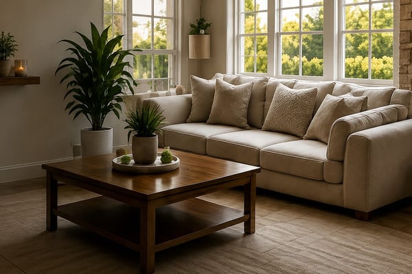 Bright living room with cream sectional sofa, wood coffee table, fireplace, large windows overlooking trees, and potted plants