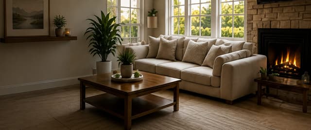 Beige sectional sofa with throw pillows, wooden coffee table, fireplace with brick surround, large windows overlooking trees, potted plants, and framed artwork.