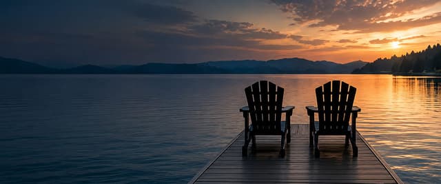 Two black Adirondack chairs on a wooden dock facing a calm lake at sunset, with forested mountains in the background.